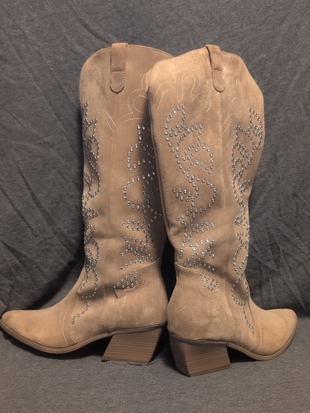Studded Taupe Suede Mid-Calf Heeled Boots
